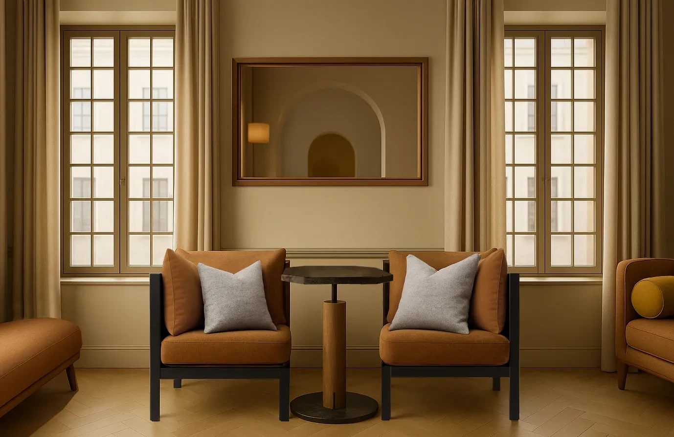Salon moderne avec fauteuils et table.