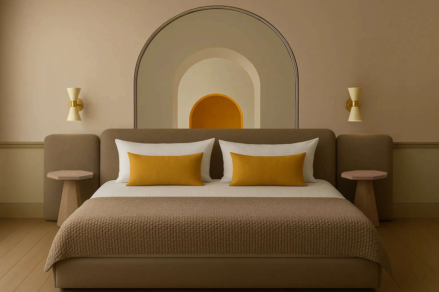 Chambre moderne avec lit et coussins jaunes.